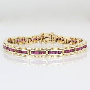 Vintage 14KYG Ruby Bar + Channel Link Tennis Bracelet Birthstone Gift